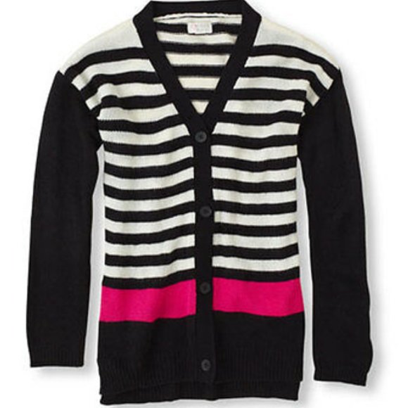 NWT The Children's Place Girl Knit Sweater Black White Pink Striped Card… - Picture 1 of 4